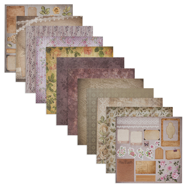 Бумага для скрапбукинга 15х15 см "Винтаж", двусторонняя, 12 листов, 12 дизайнов, 180 г/м2, ОСТРОВ СОКРОВИЩ, 662759 - Наборы бумаги
