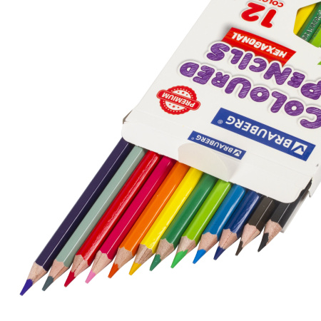 Карандаши цветные BRAUBERG PREMIUM, 12 цветов, шестигранные, грифель мягкий 3,3 мм, 181656 - Карандаши цветные