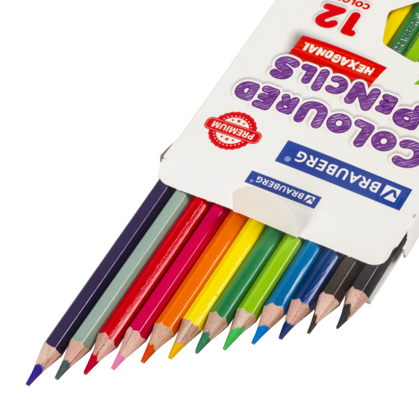 Карандаши цветные BRAUBERG PREMIUM, 12 цветов, шестигранные, грифель мягкий 3,3 мм, 181656 - Карандаши цветные