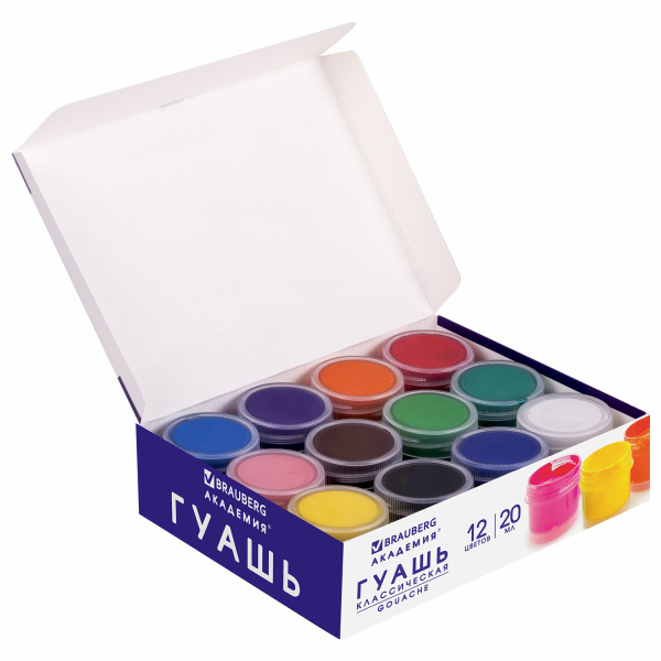 Гуашь BRAUBERG "АКАДЕМИЯ КЛАССИЧЕСКАЯ ЭКСТРА", 12 цветов по 20 мл, 192366 - Краски для детского творчества