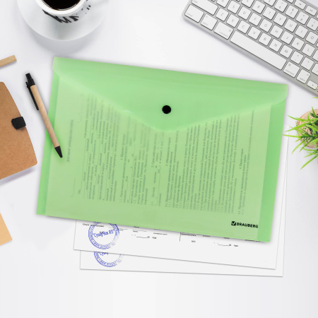 Папка-конверт с кнопкой BRAUBERG "Pastel", А4, до 100 листов, непрозрачная, мятная, 0,18 мм, 270477 - Папки-конверты с кнопкой