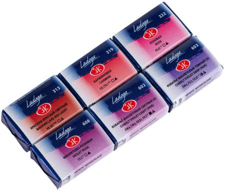 Набор художественных акварельных красок - Фиолетовые и розовые цвета в пластиковом коррексе, 6 шт х 2,5 мл «Ладога»