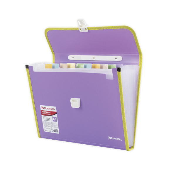 Папка-портфель пластиковая BRAUBERG "JOY", А4 (330х245х35 мм), 13 отделений, с окантовкой, фиолетовая, 227977 - Портфели пластиковые