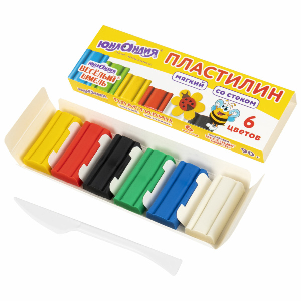 Пластилин мягкий ЮНЛАНДИЯ "ВЕСЕЛЫЙ ШМЕЛЬ", 6 цветов, 90 г, СО СТЕКОМ, 106671 - Пластилин