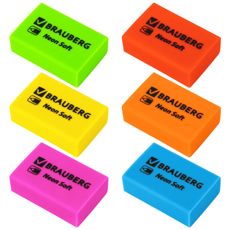 Ластики BRAUBERG NEON SOFT НАБОР 12 штук, размер ластика 31х20х10 мм, экологичный ПВХ, 271339 - Ластики классические