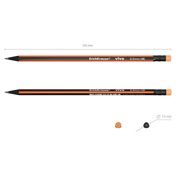 Карандаш чернографитный ERICH KRAUSE, 1шт., "Vivo", HB, черное дерево, с ластиком, корпус ассорти, заточенный, 45623 - Карандаши чернографитные