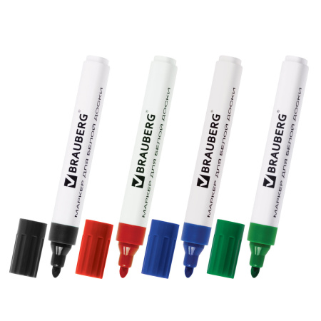 Маркеры стираемые для белой доски НАБОР 4 ЦВЕТА, BRAUBERG, 5 мм, 150417 - Маркеры для досок