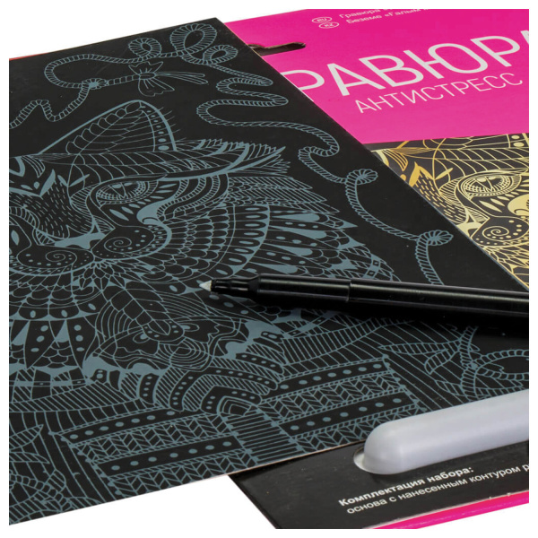 Гравюра-антистресс с эффектом золота "Ученый кот", 18х24 см, основа, штихель, LORI, Гр-545 - Гравюры