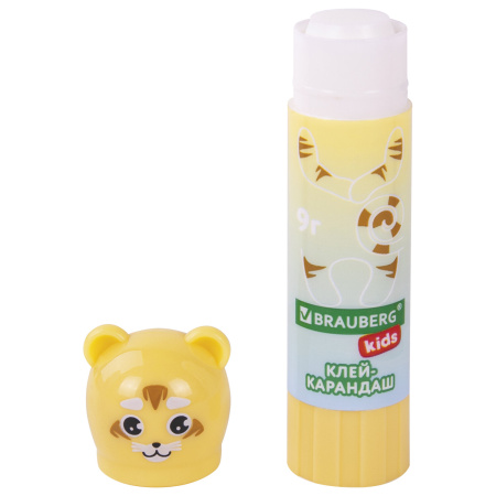 Клей-карандаш "Пастельные зверята: мышка, тигр, бегемот", 9 г, фигурный колпачок, BRAUBERG KIDS, 271140 - Клей-карандаш