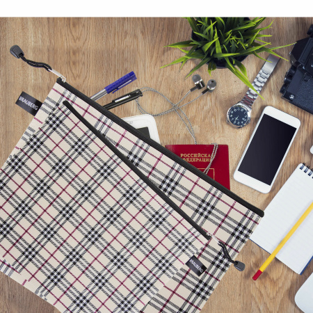 Папка-конверт СУПЕР КОМПЛЕКТ на молнии, 6 штук (А4 - 2 шт., А5 - 4 шт.), ткань в клетку, BRAUBERG, 271350 - Папки-конверты на молнии