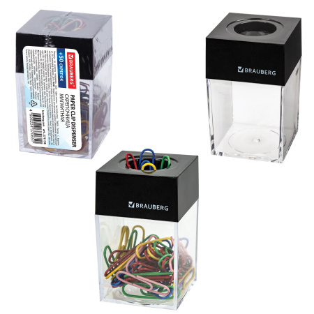 Скрепочница магнитная с 50 цветными скрепками 28 мм, РОССИЯ, BRAUBERG, 271178, ДМ-28П-50 - Диспенсеры для скрепок