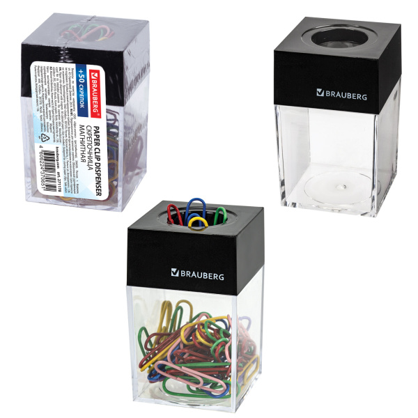 Скрепочница магнитная с 50 цветными скрепками 28 мм, РОССИЯ, BRAUBERG, 271178, ДМ-28П-50 - Диспенсеры для скрепок