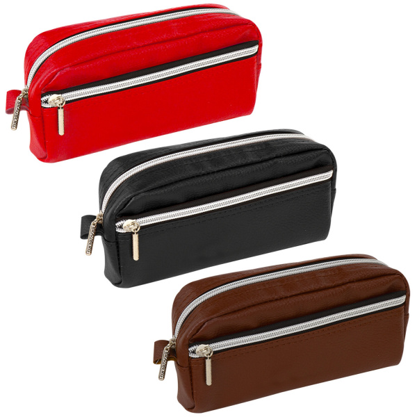Пенал-косметичка BRAUBERG под фактурную кожу, ассорти, коричневый, красный, черный, "Идеал", 19х9х4 см, дисплей, 224035 - Пеналы мягкие