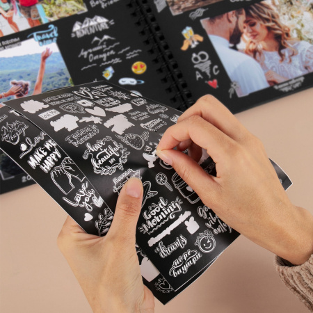 Фотоальбом "Счастье - это моменты" 24 чёрных листа 22x30, уголки, стикеры, ручка, клей, BRAUBERG, 391310 - Фотоальбомы