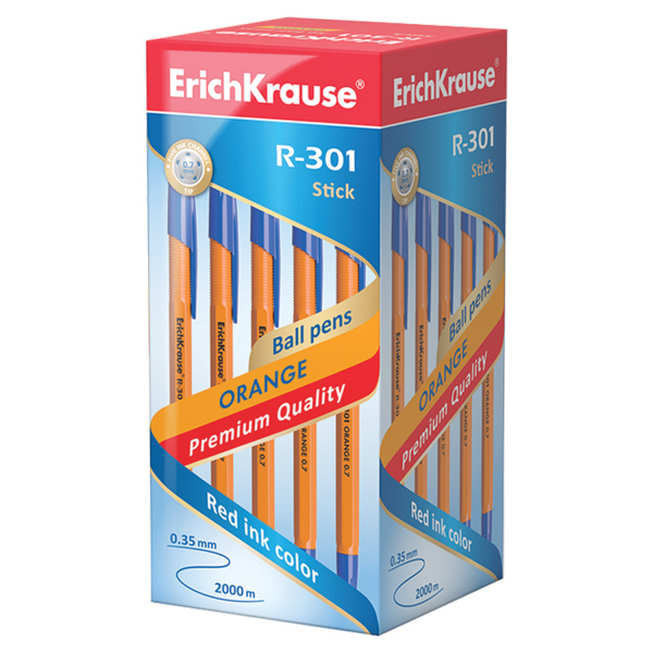 Ручка шариковая ERICH KRAUSE "R-301 Orange", СИНЯЯ, корпус оранжевый, узел 0,7 мм, линия письма 0,35 мм, 43194 - Ручки шариковые неавтоматические