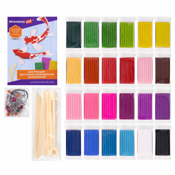 Глина полимерная запекаемая, НАБОР 24 цветов по 20 г, с аксессуарами, в гофрокоробе, BRAUBERG, 271158 - Глина полимерная