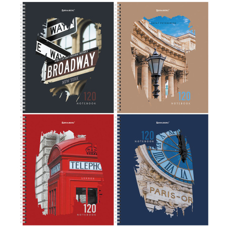 Тетрадь А5 120 л. BRAUBERG, гребень, клетка, твёрдая обложка, "Города" (4 вида в спайке), 404449 - Тетради более 60 листов