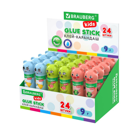 Клей-карандаш "Зверята: кошка, мышка, хрюшка", 9 г, фигурный колпачок, BRAUBERG KIDS, 271138 - Клей-карандаш