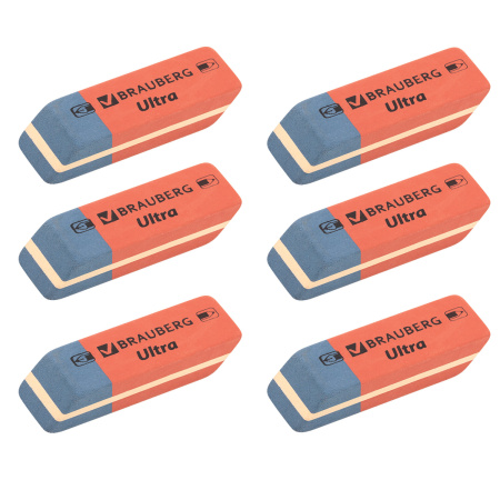 Ластики BRAUBERG "Ultra" 6 шт., размер ластика 41х14х8 мм, красно-синие, натуральный каучук, 229599. - Ластики классические