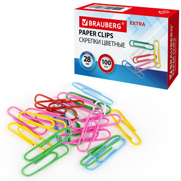 Скрепки EXTRA BRAUBERG 28 мм цветные 100 штук, 271313 - Скрепки канцелярские