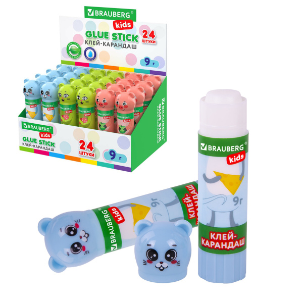 Клей-карандаш "Зверята: кошка, мышка, хрюшка", 9 г, фигурный колпачок, BRAUBERG KIDS, 271138 - Клей-карандаш