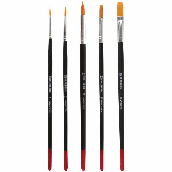 Кисти BRAUBERG, набор 5 шт. (синтетика, круглые № 1, 2, 5, плоские № 5, 8), блистер, 200219 - Кисти для рисования