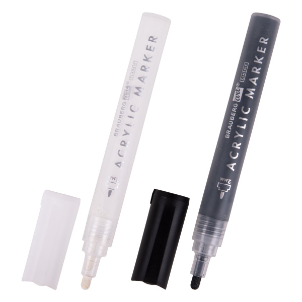Маркеры акриловые для рисования и хобби BRAUBERG ART CLASSIC, НАБОР 2 цв., ЧЁРНЫЙ/БЕЛЫЙ, 2 мм, 152148 - Маркеры для хобби