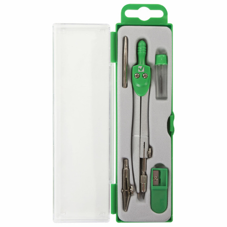 Готовальня BRAUBERG "Klasse", 5 предметов: циркуль 125 мм, 2 вставки, грифель, точилка, пенал с подвесом, 210336 - Циркули и готовальни