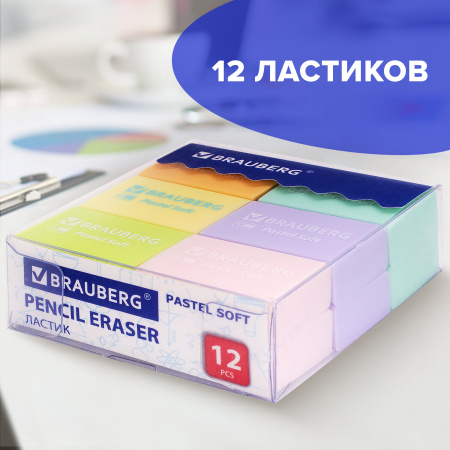 Ластики BRAUBERG "Pastel Soft" НАБОР 12 шт., размер ластика 31х20х10 мм, экологичный ПВХ, 229598 - Ластики классические