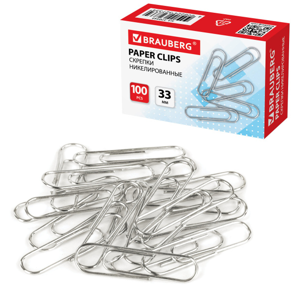 Скрепки BRAUBERG, 33 мм, никелированные, 100 шт., в картонной коробке, 270443 - Скрепки канцелярские