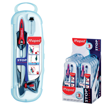Готовальня MAPED (Франция) "Stop System", 3 предмета, ударопрочный пенал с европодвесом, 196100 - Циркули и готовальни
