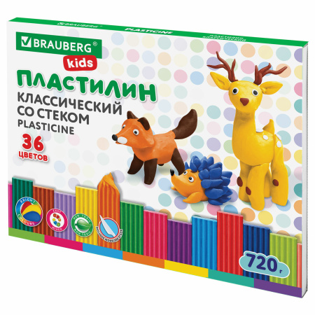 Пластилин классический BRAUBERG KIDS, 36 цветов, 720 г, стек, ВЫСШЕЕ КАЧЕСТВО, 106438 - Пластилин