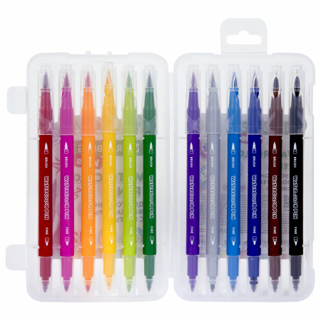 Фломастеры двусторонние с кистью 12 цветов (кисть/классический), СУПЕРКЕЙС, BRAUBERG KIDS, 152188 - Фломастеры классические