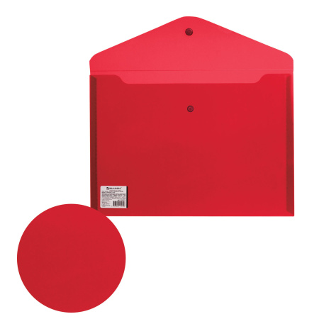 Папка-конверт с кнопкой BRAUBERG, А4, до 100 листов, прозрачная, красная, СВЕРХПРОЧНАЯ 0,18 мм, 224812 - Папки-конверты с кнопкой