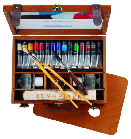 Набор масляных красок Sennelier "Artists", 15 цветов по 21мл, туба, аксессуары, дерево