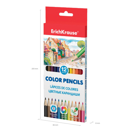 Карандаши цветные ERICH KRAUSE 12 цветов, шестигранные, заточенные, европодвес, 49882 - Карандаши цветные