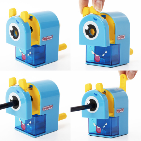 Точилка механическая ПИФАГОР "Монстрик", корпус голубой, для чернографитных и цветных карандашей, 229715 - Точилки механические