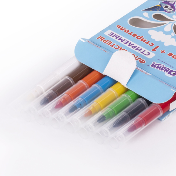 Фломастеры стираемые ЮНЛАНДИЯ "ЮНЫЙ ВОЛШЕБНИК", 7 цветов+1 стиратель, ударопрочный наконечник, вентилируемый колпачок, картон, 151651 - Фломастеры классические