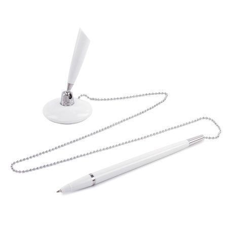 Ручка шариковая настольная BRAUBERG "Стенд-Пен Уайт1", СИНЯЯ, цепочка, корпус белый, линия письма 0,5 мм, 141044 - Ручки шариковые на подставке