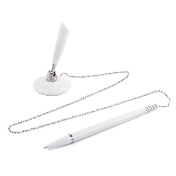 Ручка шариковая настольная BRAUBERG "Стенд-Пен Уайт1", СИНЯЯ, цепочка, корпус белый, линия письма 0,5 мм, 141044 - Ручки шариковые на подставке