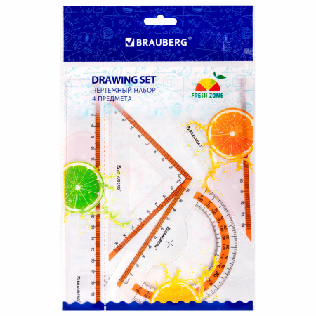 Набор чертежный средний BRAUBERG "FRESH ZONE" (линейка 20 см, 2 треугольника, транспортир), оранжевая шкала, 210763 - Наборы чертежные
