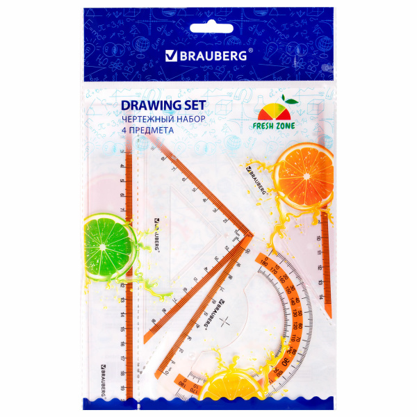 Набор чертежный средний BRAUBERG "FRESH ZONE" (линейка 20 см, 2 треугольника, транспортир), оранжевая шкала, 210763 - Наборы чертежные