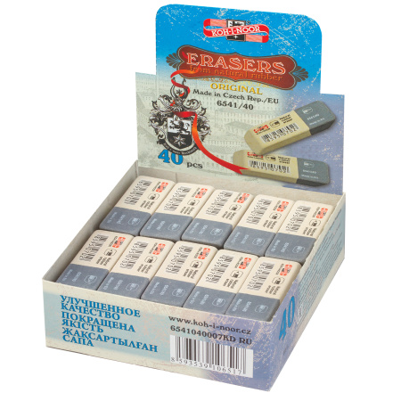Ластик KOH-I-NOOR 6541/40, 57x19,5x8 мм, бело-серый, прямоугольный, скошенные края, натуральный каучук, 6541040007KDRU - Ластики классические