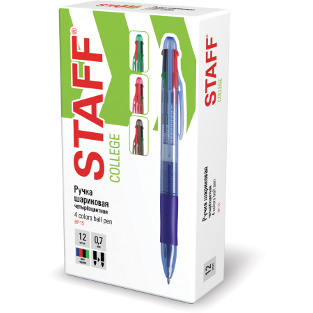 Ручка шариковая автоматическая с грипом STAFF "College 4 ЦВЕТА BP-15", линия письма 0,35 мм, 143748 - Ручки шариковые автоматические