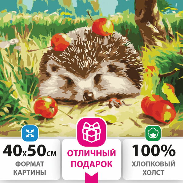 Картина по номерам 40х50 см, ОСТРОВ СОКРОВИЩ "Ежик", на подрамнике, акриловые краски, 3 кисти