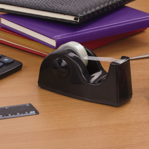 Диспенсер для клейкой ленты BRAUBERG настольный, утяжеленный, средний, черный, 11,8х5х5 см, 440142 - Диспенсеры для канцелярской ленты