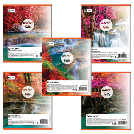 Тетрадь А5, 48 л., BRAUBERG скоба, клетка, обложка картон, ВОДОПАДЫ, 403019 - Тетради 40-48 листов