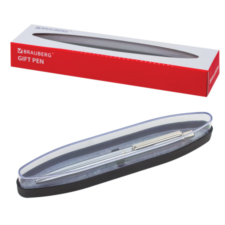 Ручка подарочная шариковая BRAUBERG Larghetto, СИНЯЯ, корпус серебристый с хромированными деталями, линия письма 0,5 мм, 143474 - Ручки бизнес-класса