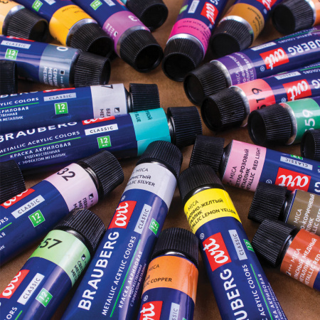 Краски акриловые художественные металлик BRAUBERG ART CLASSIC, НАБОР 24 шт, в тубах 12 мл, 191720 - Акриловые краски художественные в наборах