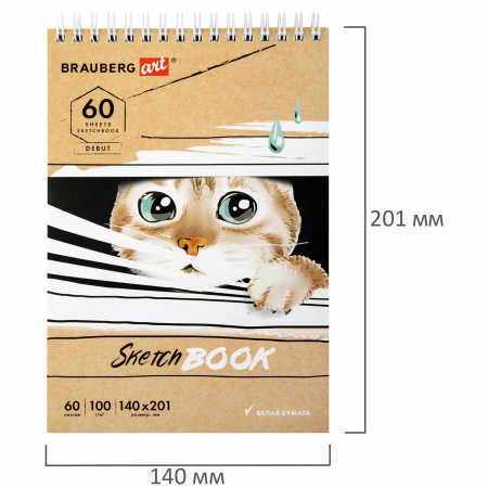 Скетчбук, белая бумага 100 г/м2, 140х201 мм, 60 л., гребень, жёсткая подложка, BRAUBERG ART, "Котик!, 115062 - Альбомы, скетчбуки и бумага для графики и эскизов